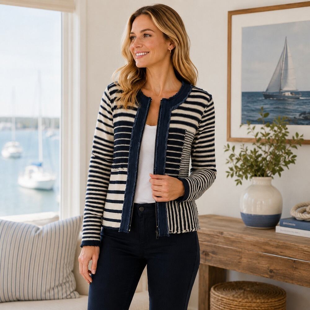 ORLY Navy Cream Nautical Striped Knit Zip Jacket Cardigan M